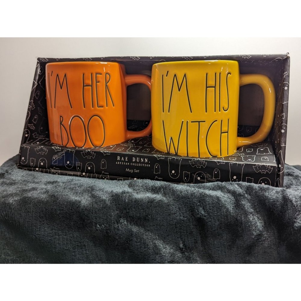 Rae Dunn Halloween Spooky Mug Set NIB I’m Her Boo & I’m His Witch 2022